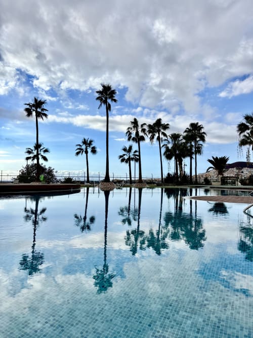 Infinity pool with palm trees reflecting in water, Los Cristianos Tenerife sea view apartment