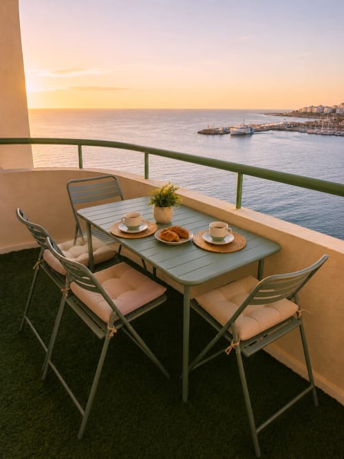 Beachfront balcony at Manage Home Tenerife with dining setup overlooking Los Cristianos harbor at sunset