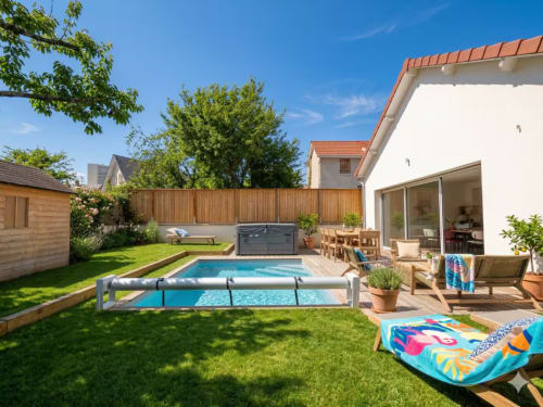 Moderner Garten mit Pool und Lounge-Bereich im Vindihouses B&B in Epinac, Frankreich