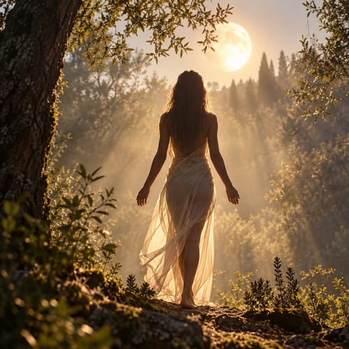 Woman in flowing white dress under moonlight in enchanted forest near Jardin Sakina, Marrakech