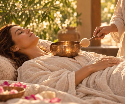 Woman receiving sound bowl therapy at Jardin Sakina wellness spa in Marrakech