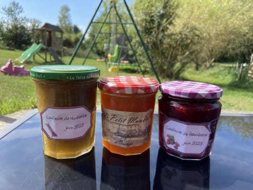 Trois pots de confiture maison exposés au Petit Moulin à Pouzauges, avec aire de jeux visible dans le jardin.