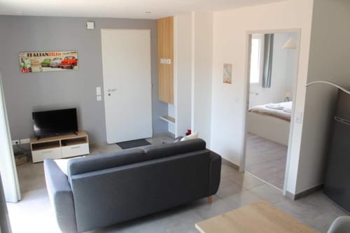 Modern apartment living room at Résidence des Sables, Mably with gray sofa, TV, kitchen, and bedroom view