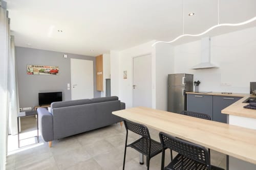 Modern open-plan apartment at Résidence des Sables Mably with kitchen, dining area, and gray sofa with inner courtyard view