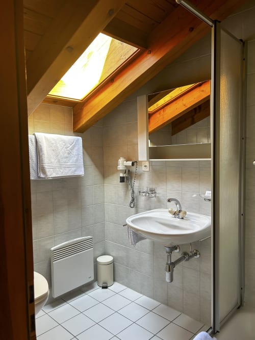Salle de bain moderne à l'Hôtel les Bouquetins à Zinal avec douche, lavabo, toilettes et puits de lumière