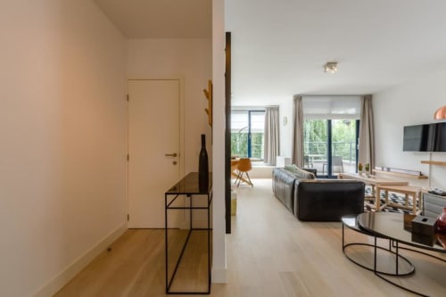 Entrée d'appartement moderne à Bruxelles avec salon ouvert, canapé noir, mobilier en bois et grandes fenêtres