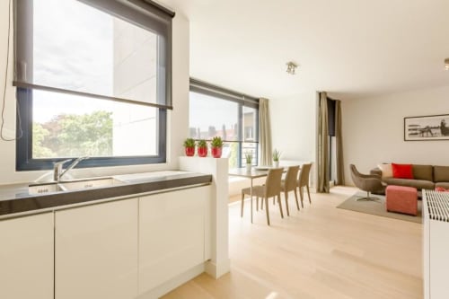 Élégant appartement bruxellois avec cuisine moderne, salle à manger et salon avec vue sur la ville au Livorno