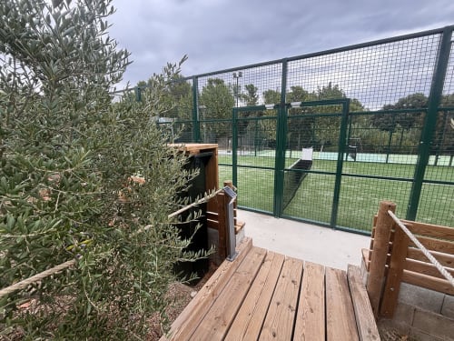 Terraza de madera con planta de olivo con vistas a las pistas de tenis verdes del hotel Espai Valldevia
