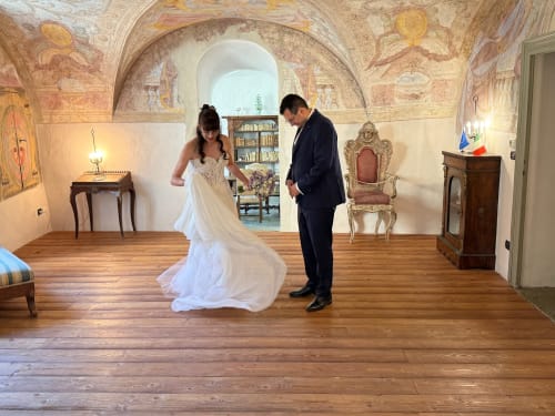 Bride and groom first look in ornate chapel at Roseto del Drago boutique hotel, Ponte In Valtellina