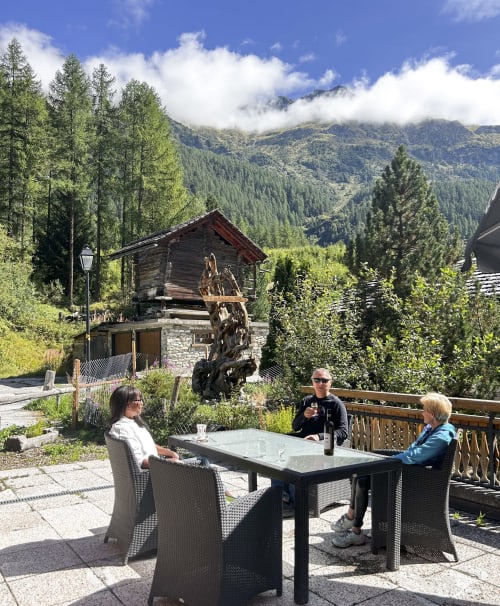 Trois clients dînent en terrasse à l'hôtel Les Bouquetins à Zinal, Suisse, avec vue sur les Alpes et la forêt.