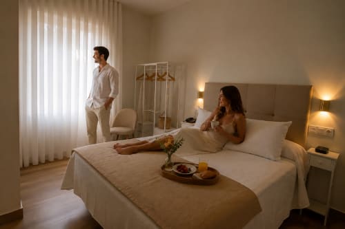 Pareja en la habitación moderna del Hotel Boutique Alcazaba Salobreña, Granada, disfrutando del desayuno matutino