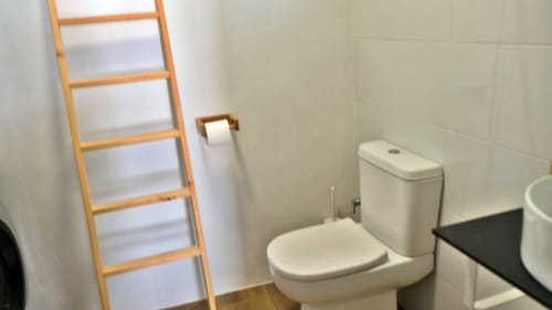 Cuarto de baño de la casa rural Cal Xot en Poble Nou con inodoro blanco, lavabo, estantería de escalera de madera y paredes de azulejos