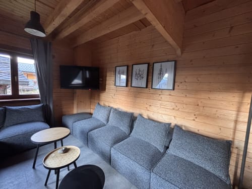 Intérieur de chalet moderne aux Chalets d'Aline avec canapé gris, téléviseur et décoration forestière à La Plagne Tarentaise