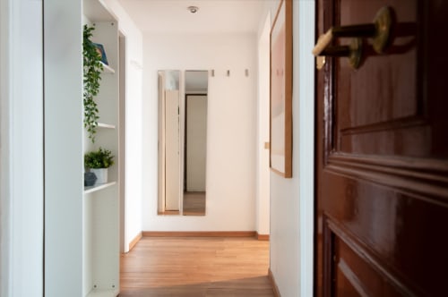 Bright hallway in UrbanFlat Roma apartment with white walls, wooden flooring, mirror, and potted plants.