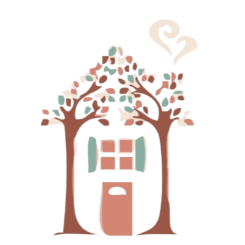 Logo affittacamere Rome House con cottage circondato da alberi in tonalità terracotta e verde