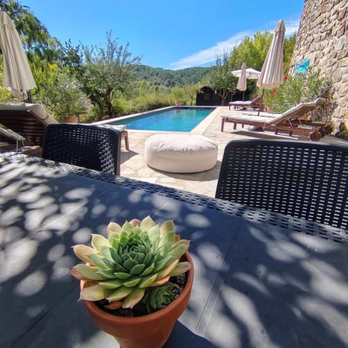 Sunny poolside villa in South of France with mountain views, lounge chairs, succulents, and azure pool