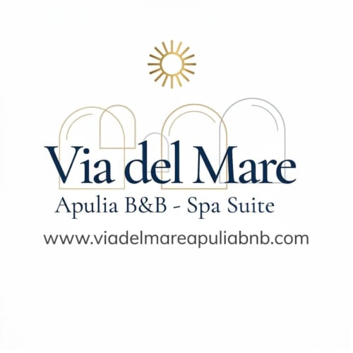 Logo della Via del Mare Apulia B&B Spa Suite con sole e archi, branding dell'hotel Rutigliano