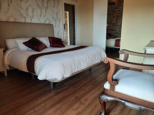 Habitación de Bikarte Alojamientos con cama queen, detalles en burdeos, suelos de madera oscura y vistas al jardín en Ribeira Sacra