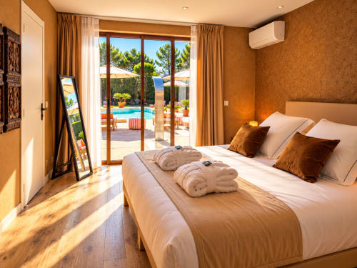 Chambre de luxe à La Villa Monarque avec vue sur la piscine, literie beige, coussins dorés et accès terrasse vers la station balnéaire de Cap d'Agde