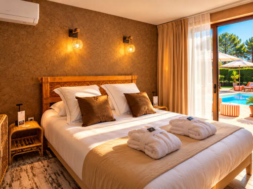 Chambre de luxe à La Villa Monarque avec vue sur la piscine, lit en bois, draps blancs et coussins marron