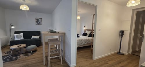 Studio moderne NN Patrimoine Douvaine avec séjour, canapé noir, kitchenette, chambre et couloir