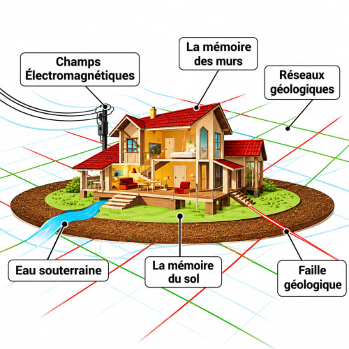 Diagram showing environmental factors affecting Jardin Sakina guesthouse in Marrakech: electromagnetic fields, geological