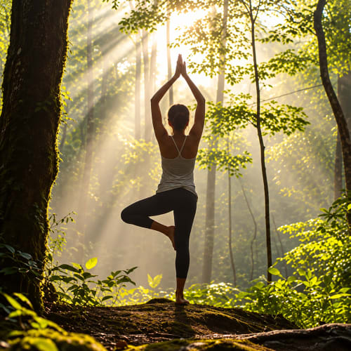 Woman practicing yoga in serene forest at Jardin Sakina wellness retreat in Marrakech