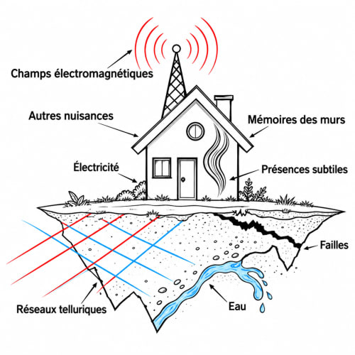 Infographic showing environmental nuisances affecting homes: electromagnetic fields, electricity, water, telluric networks,