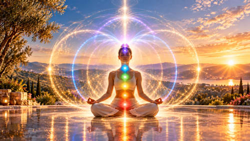Woman meditating with glowing chakras at Jardin Sakina wellness retreat in Marrakech, Morocco