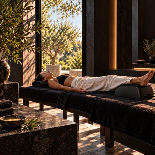 Woman relaxing on black daybed at Jardin Sakina spa, Marrakech, overlooking olive trees