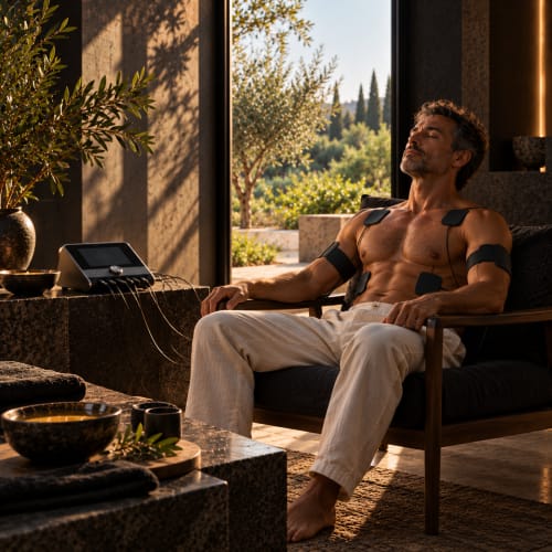 Muscular man relaxing on terrace at Jardin Sakina boutique hotel in Marrakech with mountain views
