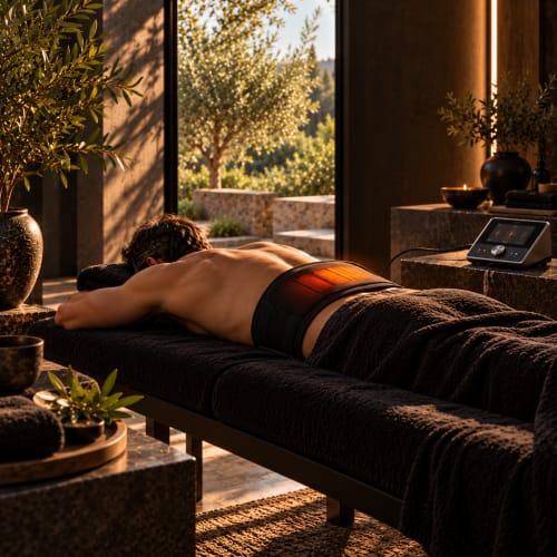 Guest receiving therapeutic massage at Jardin Sakina wellness spa in Marrakech with mountain views