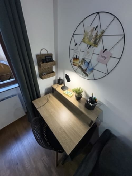 Kompaktan radni stol s lampom, biljkama i dodacima u apartmanu Annecy-ja s kružnim zidnim organizatorom