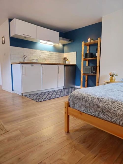 Modern studio apartment at Gites Saint Valery En Caux with kitchenette, wooden bed, blue accent walls, and wooden shelving