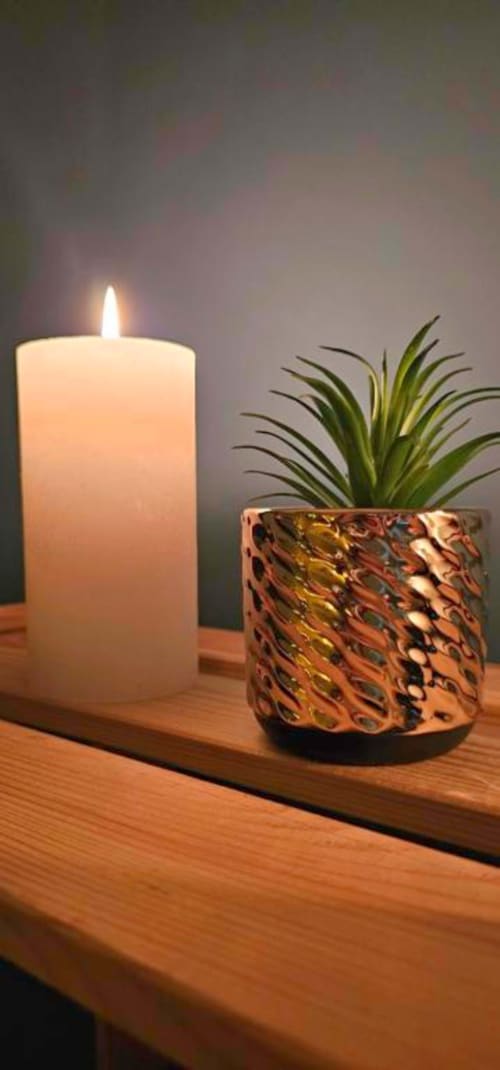 Lit candle and potted succulent on wooden table in Gites Saint Valery En Caux apartment