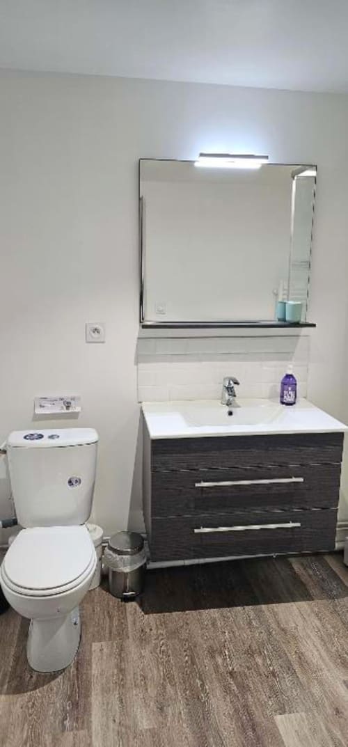 Modern bathroom in Sous les Toits apartment at Gites Saint Valery En Caux featuring dark vanity, mirror, toilet, and