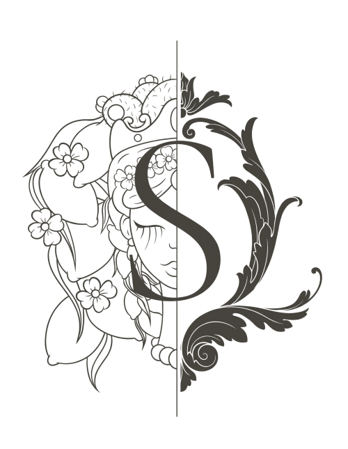 Decorative letter S with floral flourishes and ornamental scrolls for Sikania Agri Relais hotel in Caccamo
