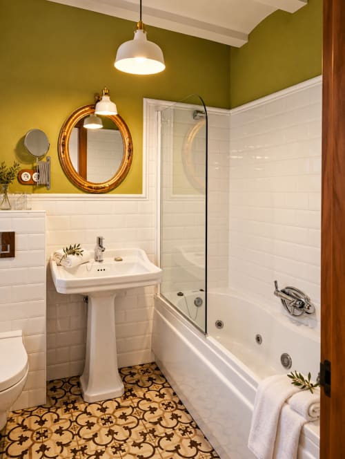 Baño elegante en El descanso del peregrino con paredes color oliva, lavamanos pedestal, bañera de inmersión, azulejos con patrón y detalles dorados