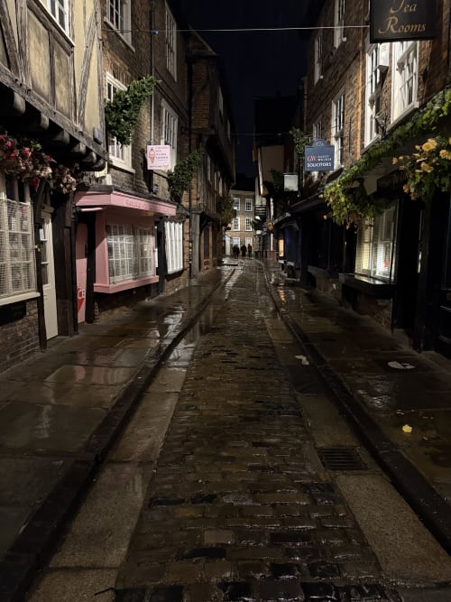 Wet cobblestone alley at night with historic stone buildings, shops, and ivy in York
