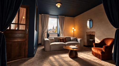 Luxury suite at La Maison 1903 B&B in Trévou-Tréguignec with elegant furnishings, fireplace, and coastal views