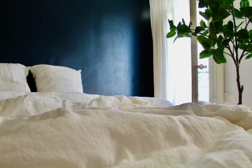 Chambre lumineuse à Mi Casa Es Su Casa à Carcassonne avec literie crème, mur d'accent bleu et plante en pot près de la fenêtre