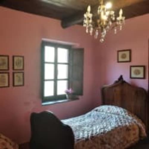 Camera rustica dell'Antico Belvedere B&B con pareti rosa, letto in legno, lampadario e vista giardino
