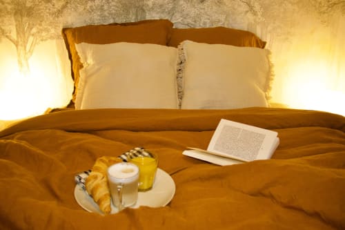 Installation douillette du lit à Mi Casa Es Su Casa à Carcassonne avec petit-déjeuner, café, croissant et livre
