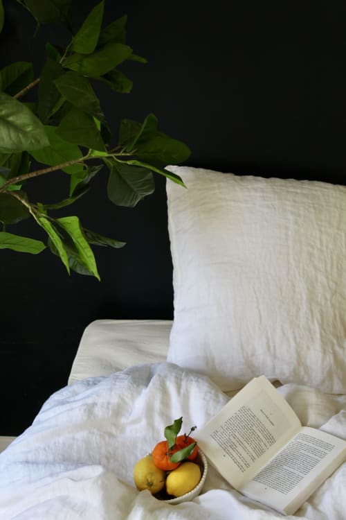 Suite accueillante à Mi Casa Es Su Casa, Carcassonne : oreillers blancs, livre ouvert, fruits frais et verdure sur le lit