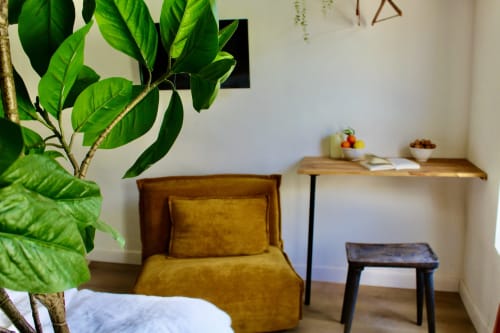 Suite Cosy Choukran à Mi Casa Es Su Casa à Carcassonne avec fauteuil moutarde, étagère en bois et plante verte luxuriante