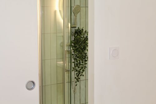 Salle de bain moderne avec pomme de douche pluie et plante retombante à la Suite Thanks, Mi Casa Es Su Casa, Carcassonne