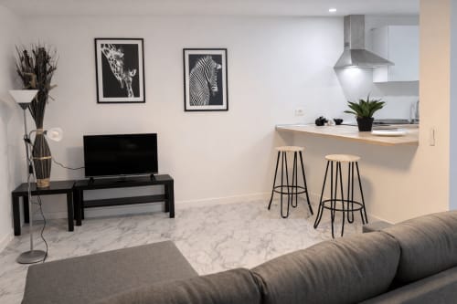 Séjour moderne à Casonas de Marengo avec télévision, bar de cuisine et décoration animalière noir et blanc