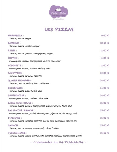 Menu pizzas du Chalet De La Yodine à Feissons Sur Salins : Margarita, Bambino, Reine et pizzas spéciales