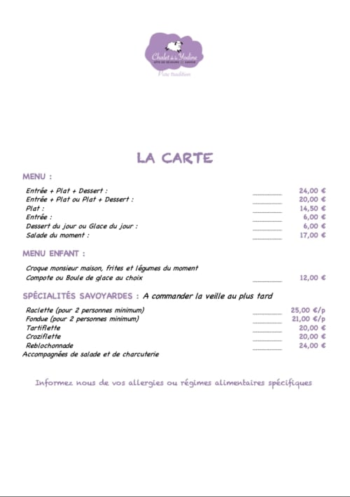 Menu du Chalet De La Yodine en français : entrées, plats principaux, desserts et spécialités savoyardes avec tarifs