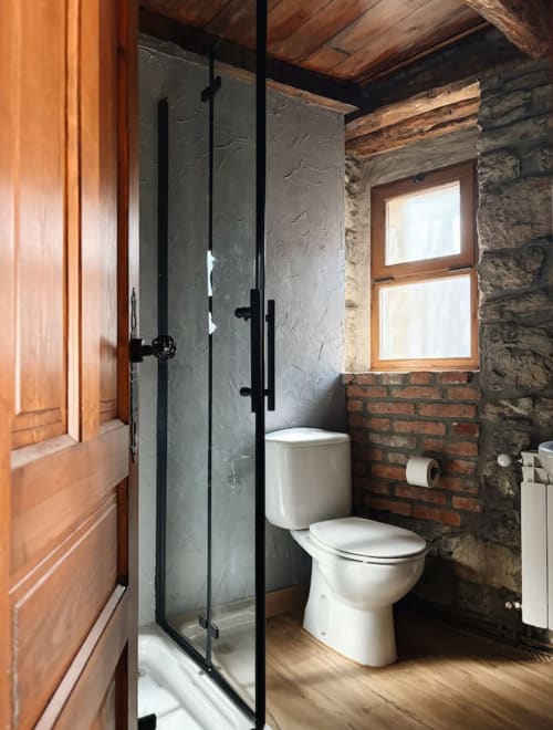 Baño rústico en Alojamientos Montaña Leonesa con ducha de pizarra, inodoro blanco, muros de ladrillo, vigas de madera y ventana.